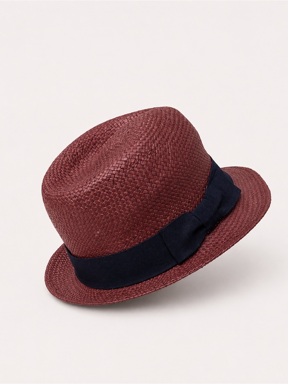 Unique Vintage Burgundy Straw Fedora with Navy Ribbon